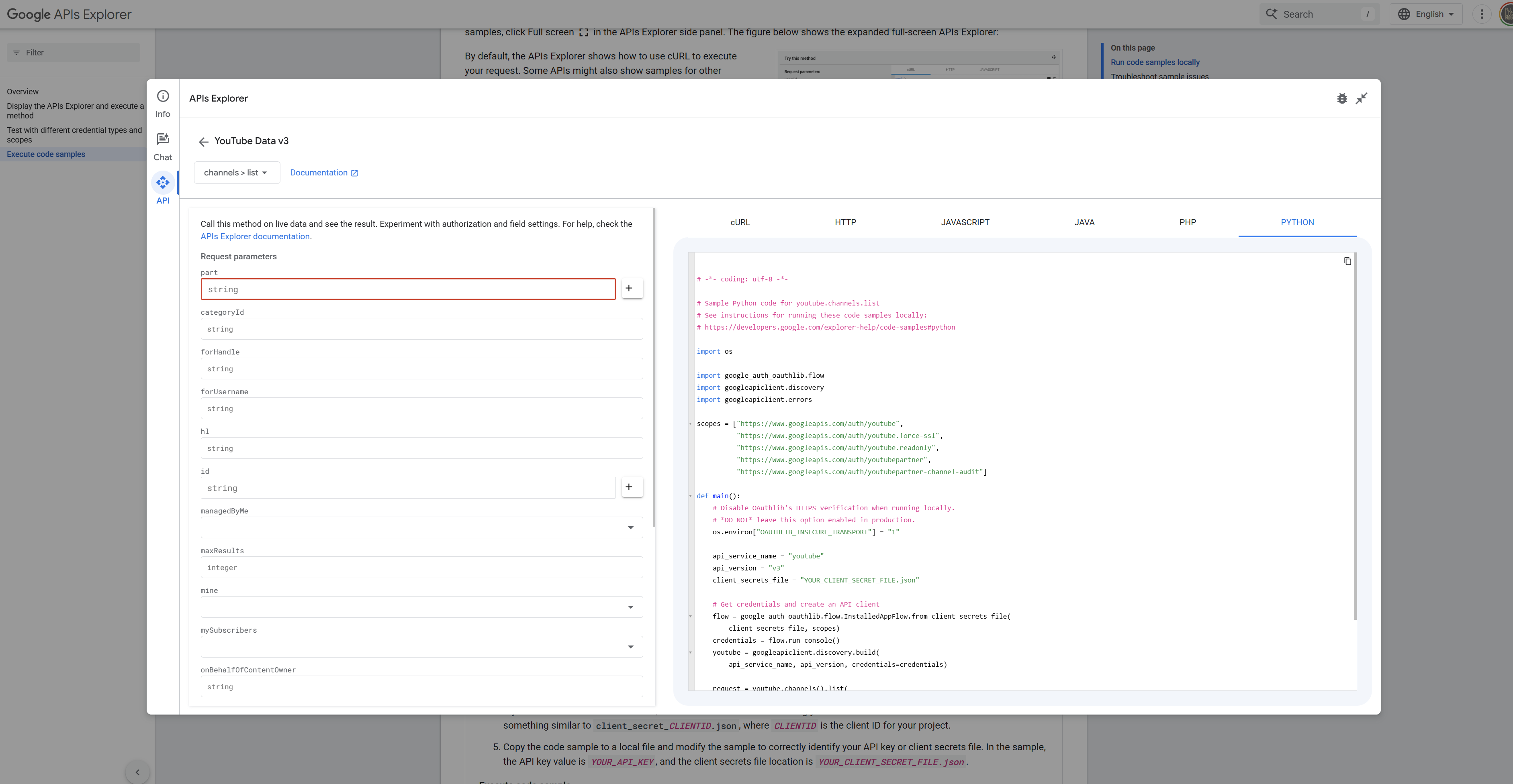 Google API Explorer showing Python code sample for YouTube Data API v3